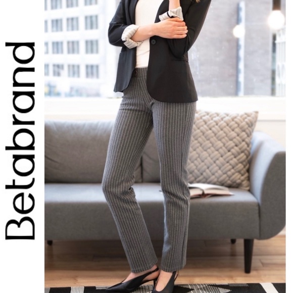 BETABRAND Straight Leg Classic Dress Work Pant Yoga Pant Gray Pinstripe L Long - Picture 2 of 16